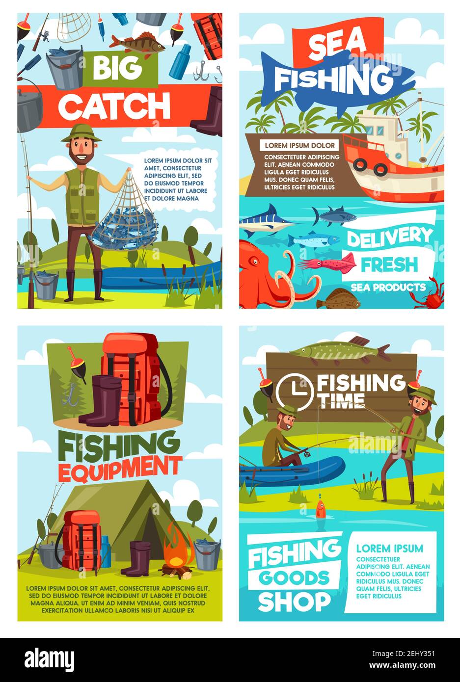 Pesca turismo o pesca cattura sport avventura. Vettore pescatore al lago o mare in gomma barca con canna e tenda da campeggio, attrezzatura da pesca e esche per Illustrazione Vettoriale