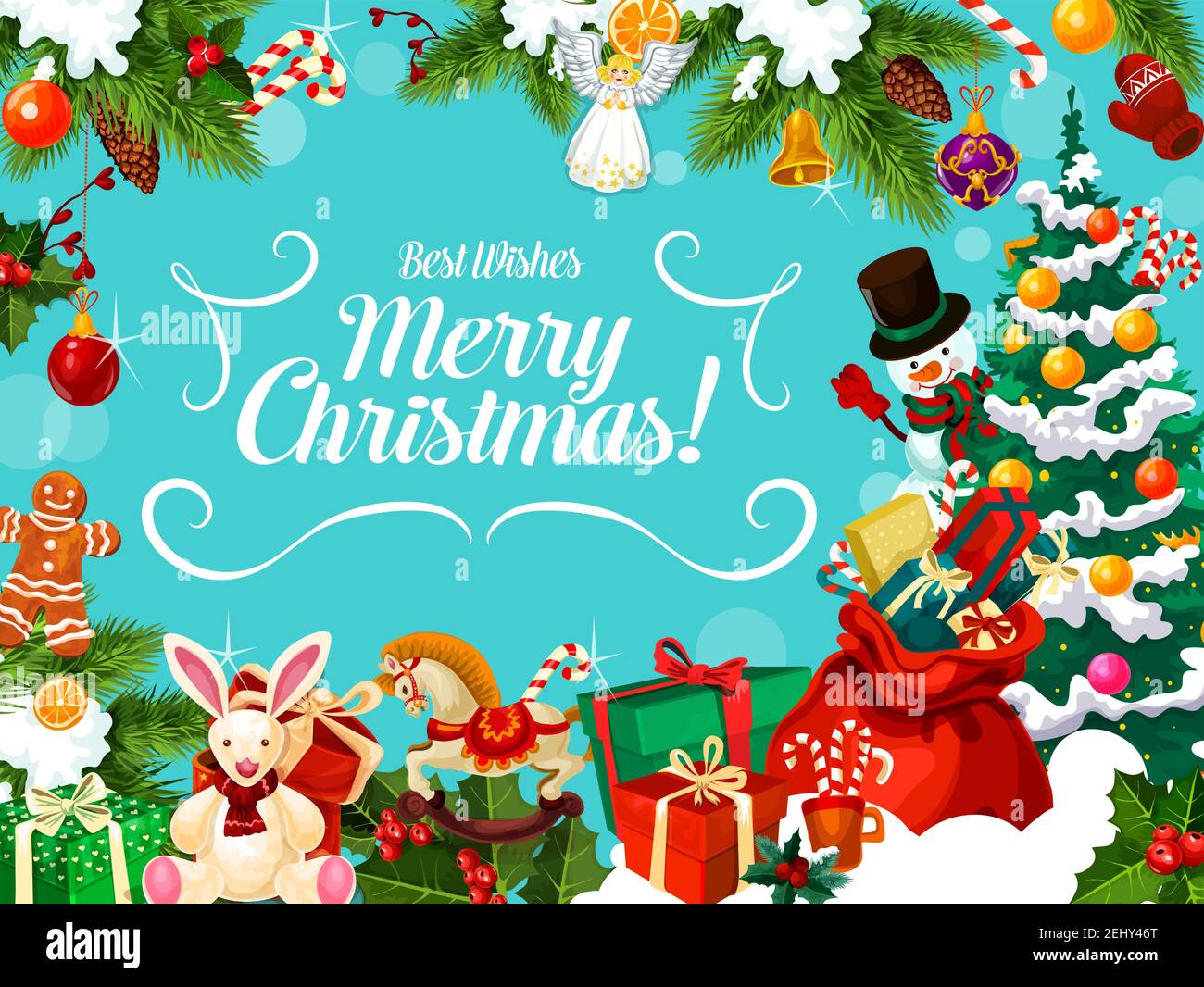 Allegro banner natalizio festivo con auguri per le vacanze invernali di Capodanno. Carta regalo per alberi di Natale, pupazzi di neve e Babbo Natale con cornice di bacche di agrifoglio, pre Illustrazione Vettoriale