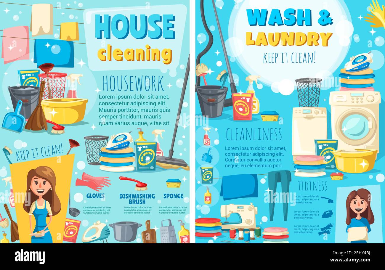 Servizio di pulizia e lavanderia della casa, cameriera o casalinga. Apparecchi elettrici Vector, lavatrici e macchine da cucire, ferro da stiro e aspirapolvere con asciuga. BR Illustrazione Vettoriale
