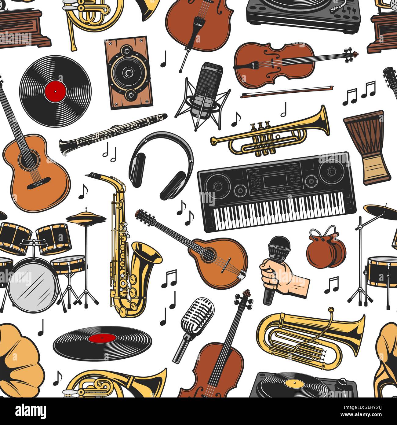 Strumenti musicali motivo senza giunture. Vinile vettoriale e altoparlante, microfono e flauto, violino con arco e chitarra, sassofono e batteria, sintetizzatore e. Illustrazione Vettoriale