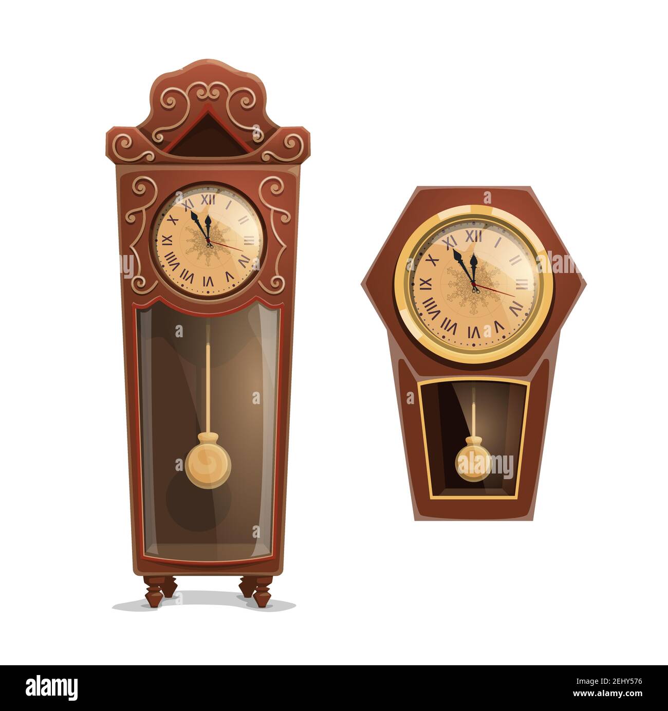 Orologio di mezzanotte di Natale, orologio delle vacanze invernali. Orologi in legno d'epoca con quadranti dorati e pendoli, decorati con fiocchi di neve e ornamenti. Xmas cou Illustrazione Vettoriale