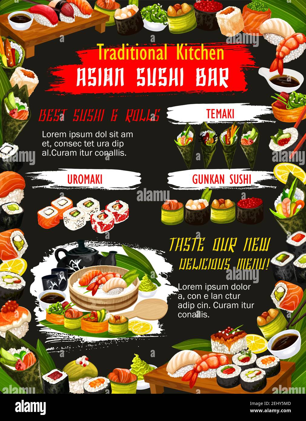 Sushi giapponese con riso, pesce salmone e alghe nori, frutti di mare, gamberi e avocado, nigiri, uramaki, temaki e gunkan, chopsticks, set da tè, soia Illustrazione Vettoriale