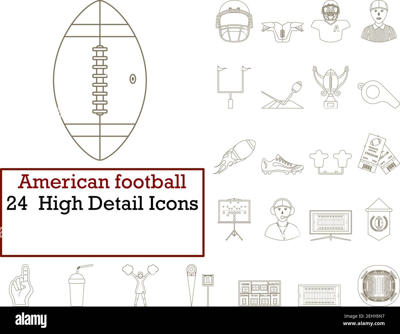 Set di icone di American Football. Linea tratto modificabile sottile senza disegno di riempimento. Illustrazione vettoriale. Illustrazione Vettoriale