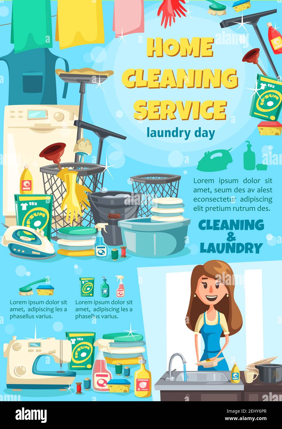 Servizio di pulizia e lavanderia, lavastoviglie. Macchina per il lavaggio e la cucitura vettoriale, ferro e detersivo, guanti e spugna, casalinga vicino al lavello. Spraye Illustrazione Vettoriale