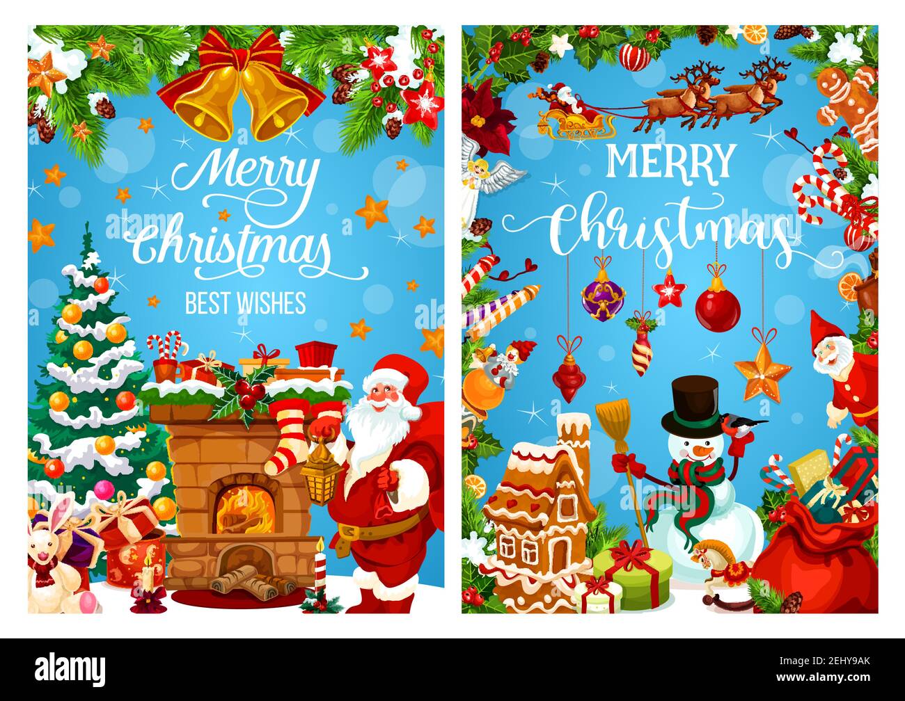 Buon Natale auguri vettore biglietto d'auguri. Santa al camino, stagione invernale di festa. Scorta di regali vettoriali, pupazzo di Natale e pan di zenzero, Illustrazione Vettoriale