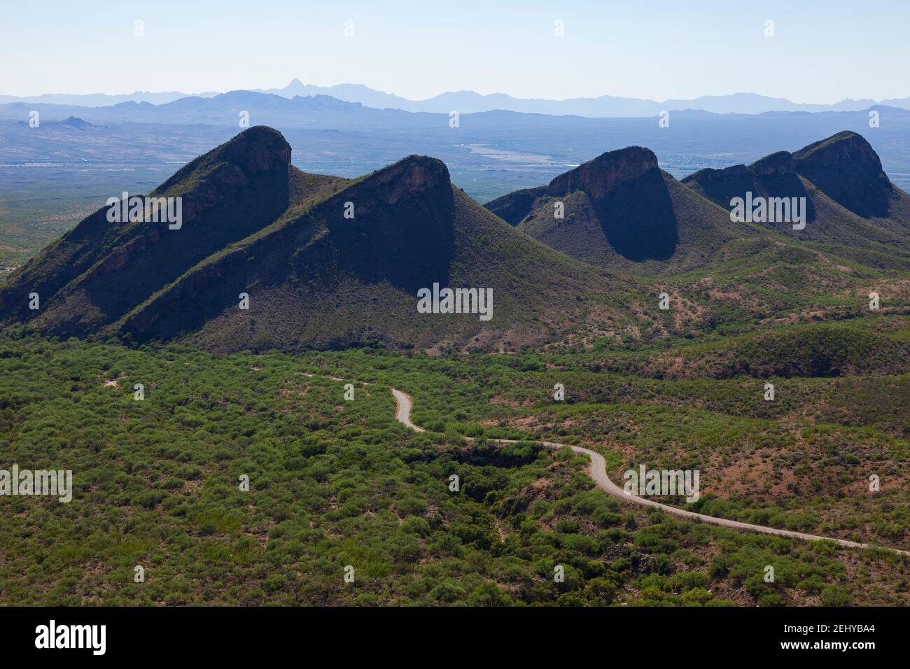 Santa Rita Mountains Coronado NF AZ / LUGLIO UN quartetto di buttes sorge dal pavimento della valle sopra la Mount Hopkins Road. Baboquivari picco orizzonte Foto Stock