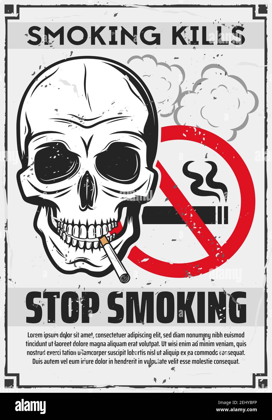 Smettere di fumare poster del cranio con sigaretta, cartello rosso vietato e fumetti nuvole. Mondo No tabacco giorno, dipendenza nicotina problema sociale e fumo Ki Illustrazione Vettoriale