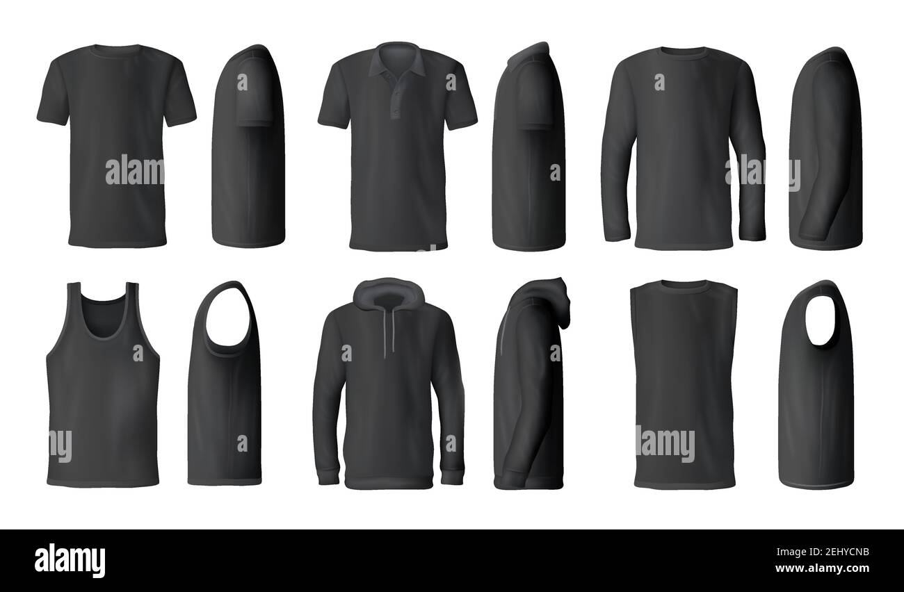 T-shirt uomo, canotte sportive o felpe e polo casual modelli mockup. Abbigliamento da uomo Vector Isolated nero, realistico bianco davanti, dietro e. Illustrazione Vettoriale