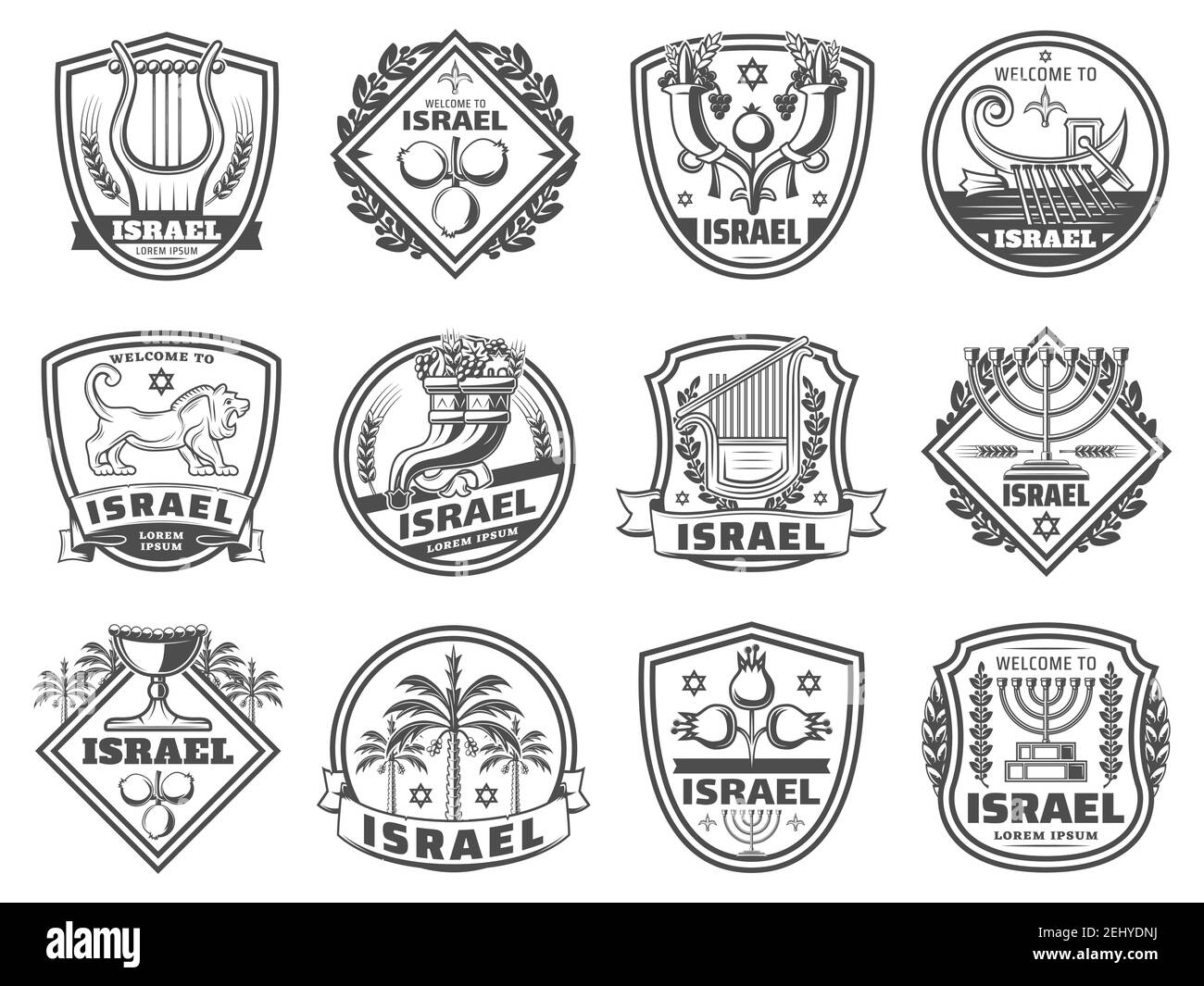 Simboli della cultura israeliana, simboli monocromi della religione e della tradizione. Arpa vettoriale e melograno, cornucopia e barca con remi. Lion e David star, canda Illustrazione Vettoriale