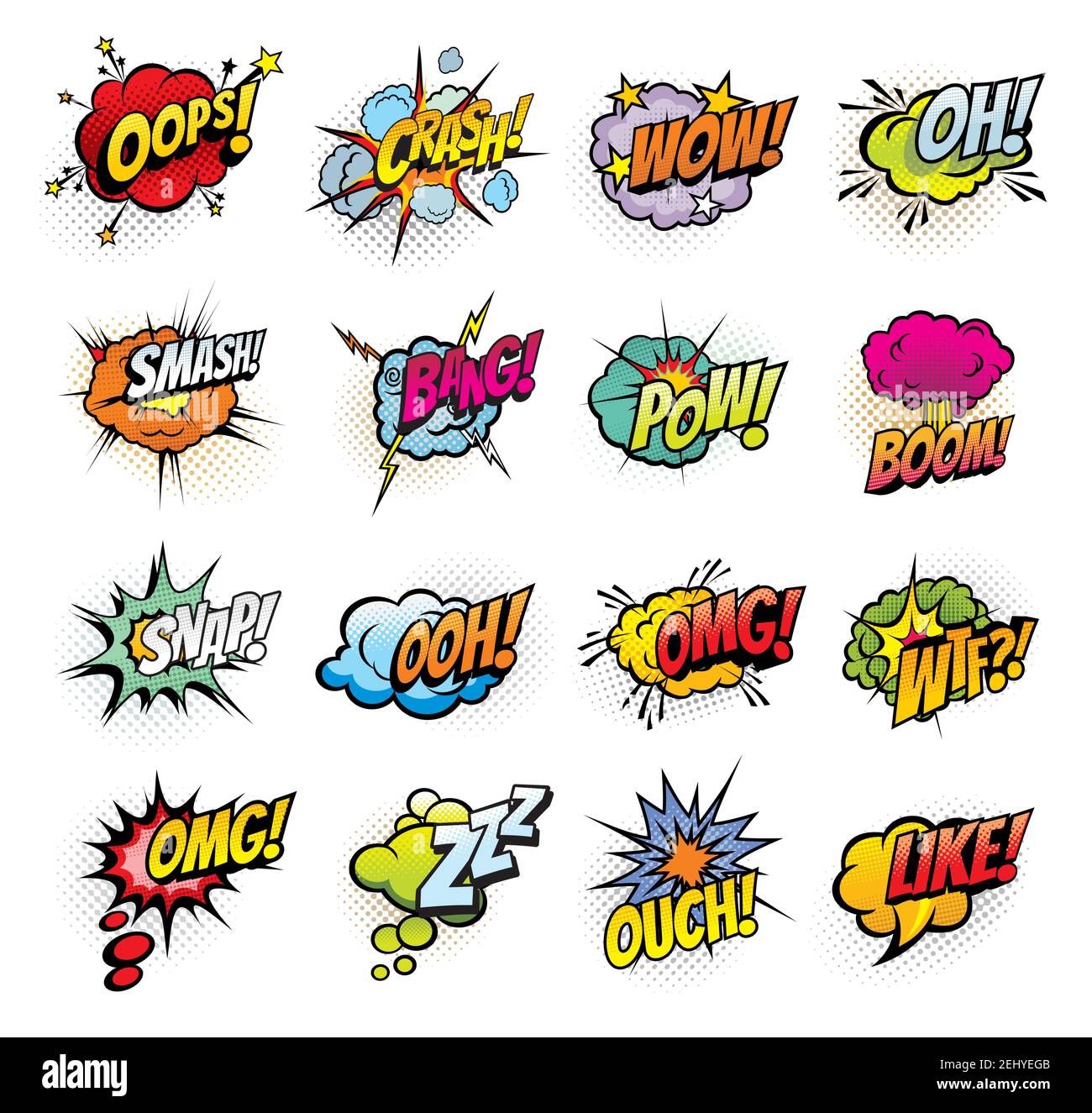 Fumetti bolle e suoni Blasts icone. Fumetto vettoriale pop art bolle di Oops, Crash o Bang suono e omg boom, Ouch o ZZZ e wtf o snap cloud Illustrazione Vettoriale