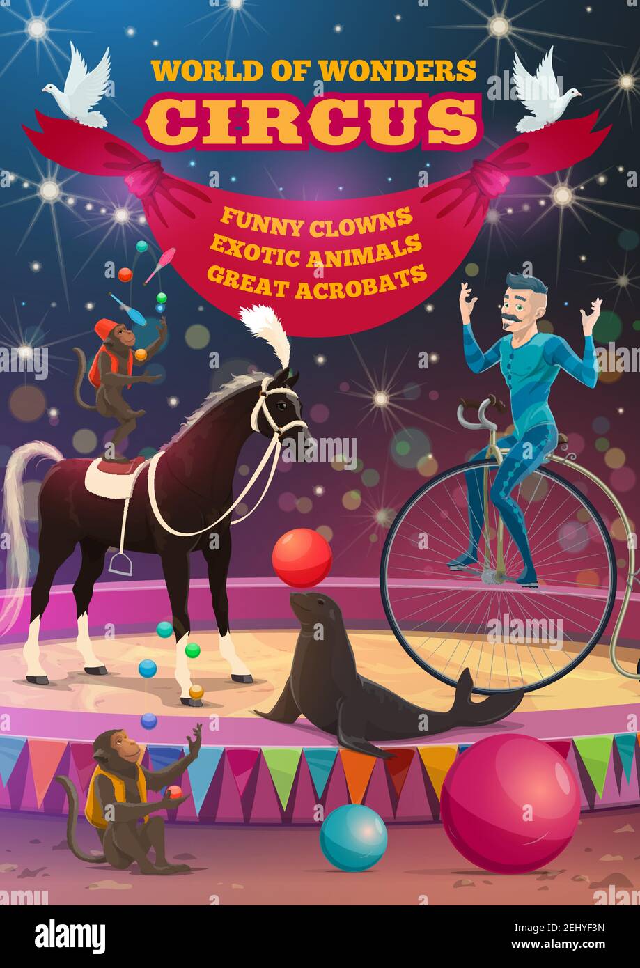 Spettacolo del Circus poster retrò, spettacolo di carnevale Funfair. Vector bit top equilibri circo acrobat su monociclo, scimmia giocoleria spille equitazione, s Illustrazione Vettoriale