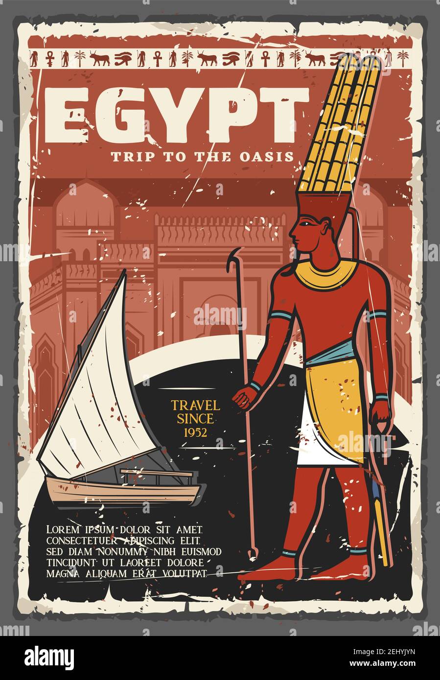 Egitto viaggi e tour turistici su poster annata Nilo. Viaggi vettore agenzia di viaggio, antico faraone egiziano e feluca barca, Egitto monumenti storici Illustrazione Vettoriale
