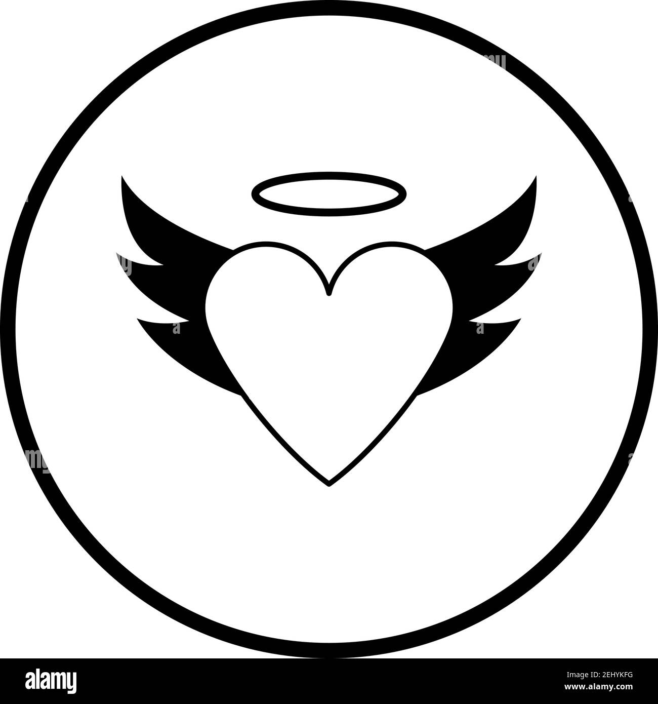 Cuore di San Valentino con Wings e icona Halo. Design stencil a cerchio sottile. Illustrazione vettoriale. Illustrazione Vettoriale