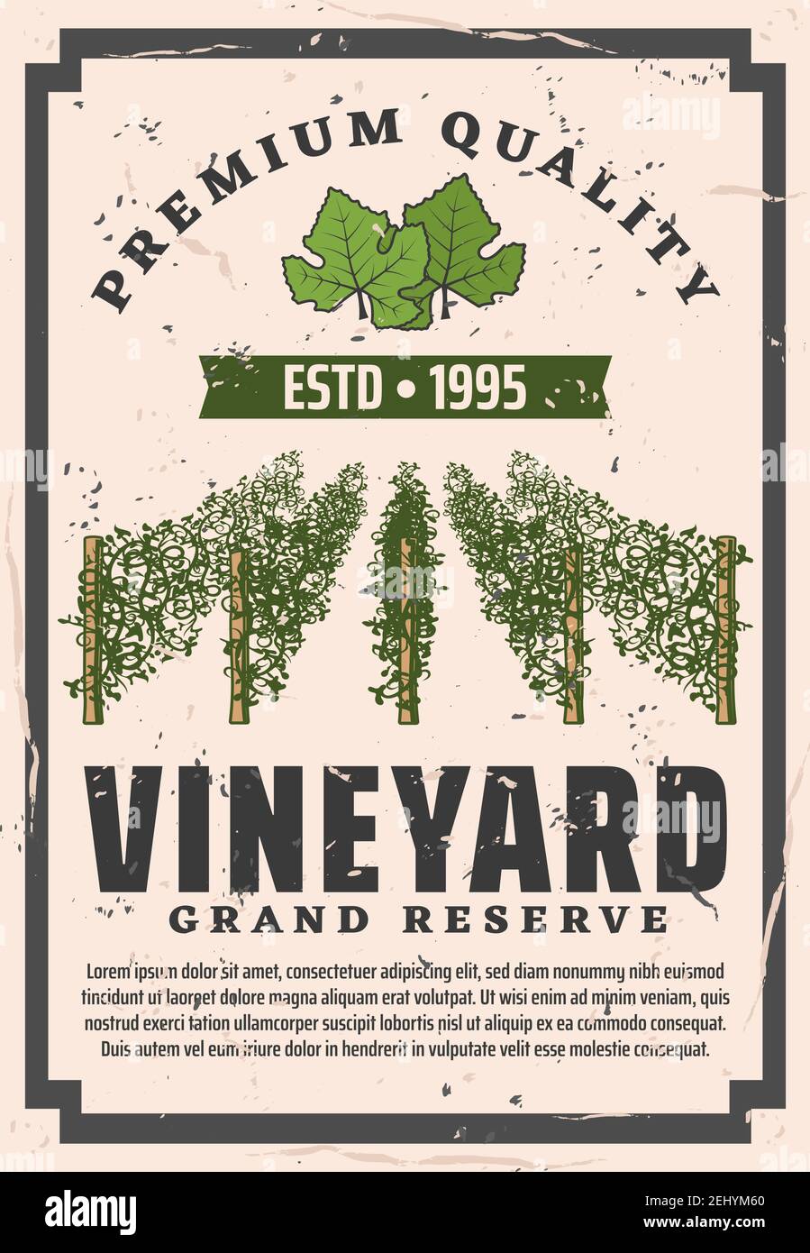 Casa vinicola e vino Grand Reserve poster vintage o etichetta bottiglia. Vector fabbrica di produzione di vino di qualità premium, vigneto con foglia d'uva e r Illustrazione Vettoriale