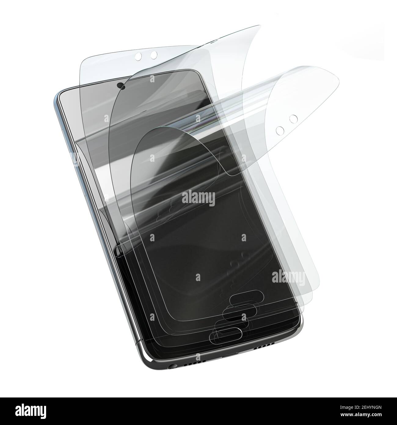 Protezione dello schermo dello smartphone in vetro o pellicola. Schermo  trasparente multistrato in vetro per telefono cellulare isolato su bianco.  illustrazione 3d Foto stock - Alamy