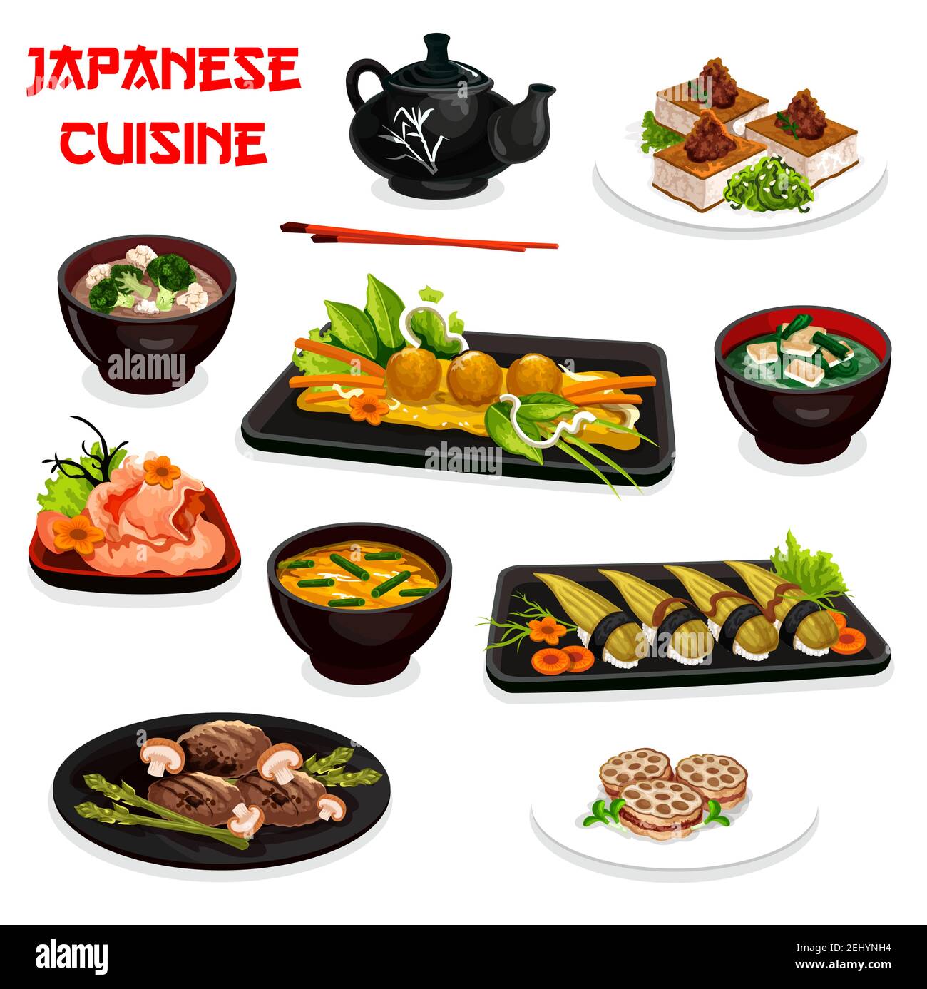 Cucina giapponese, design vettoriale con piatti asiatici tradizionali. Tofu fritto, sushi nigiri e zuppe di miso con uova, alghe, broccoli e zenzero, Illustrazione Vettoriale