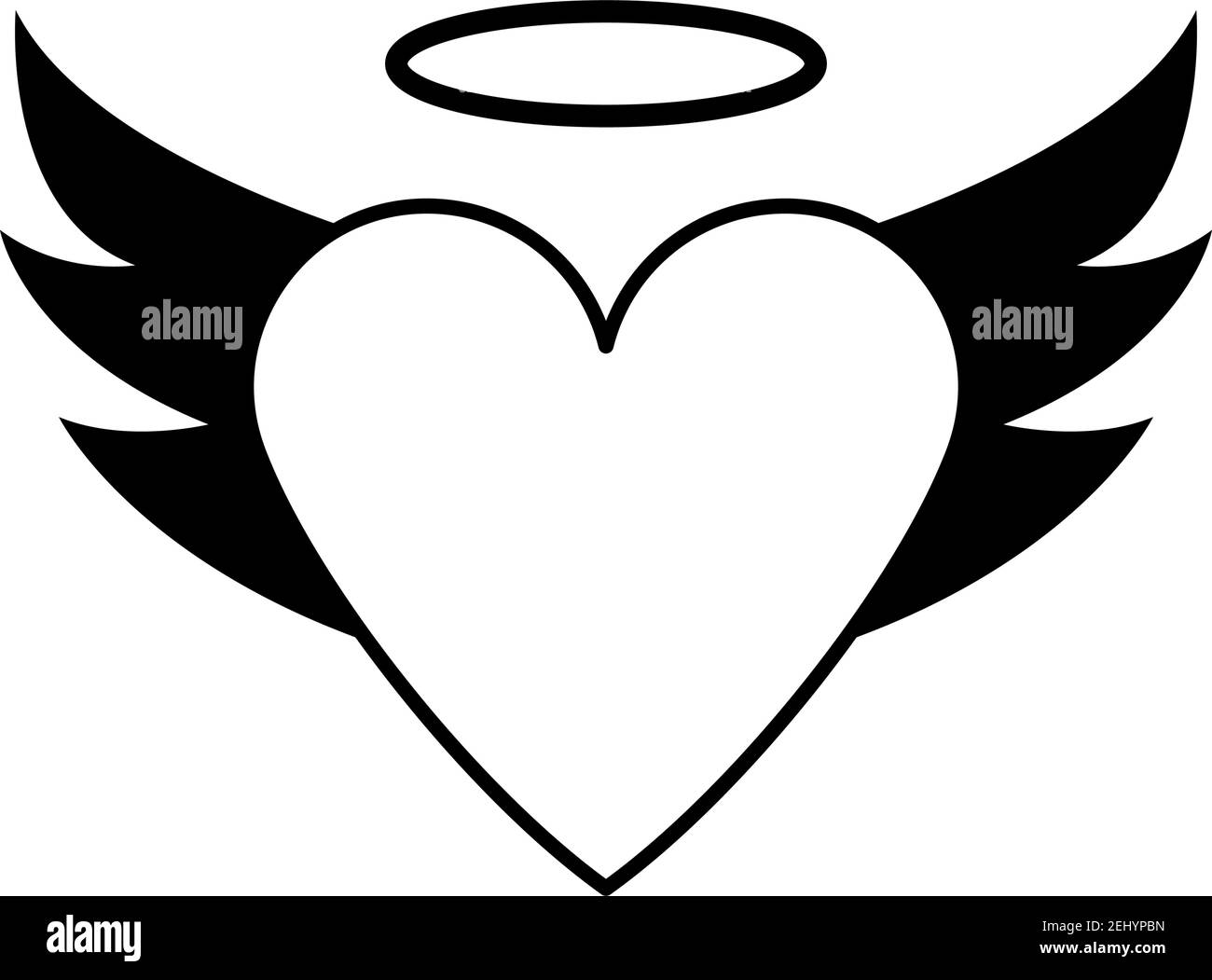 Cuore di San Valentino con Wings e icona Halo. Black Glyph Design. Illustrazione vettoriale. Illustrazione Vettoriale