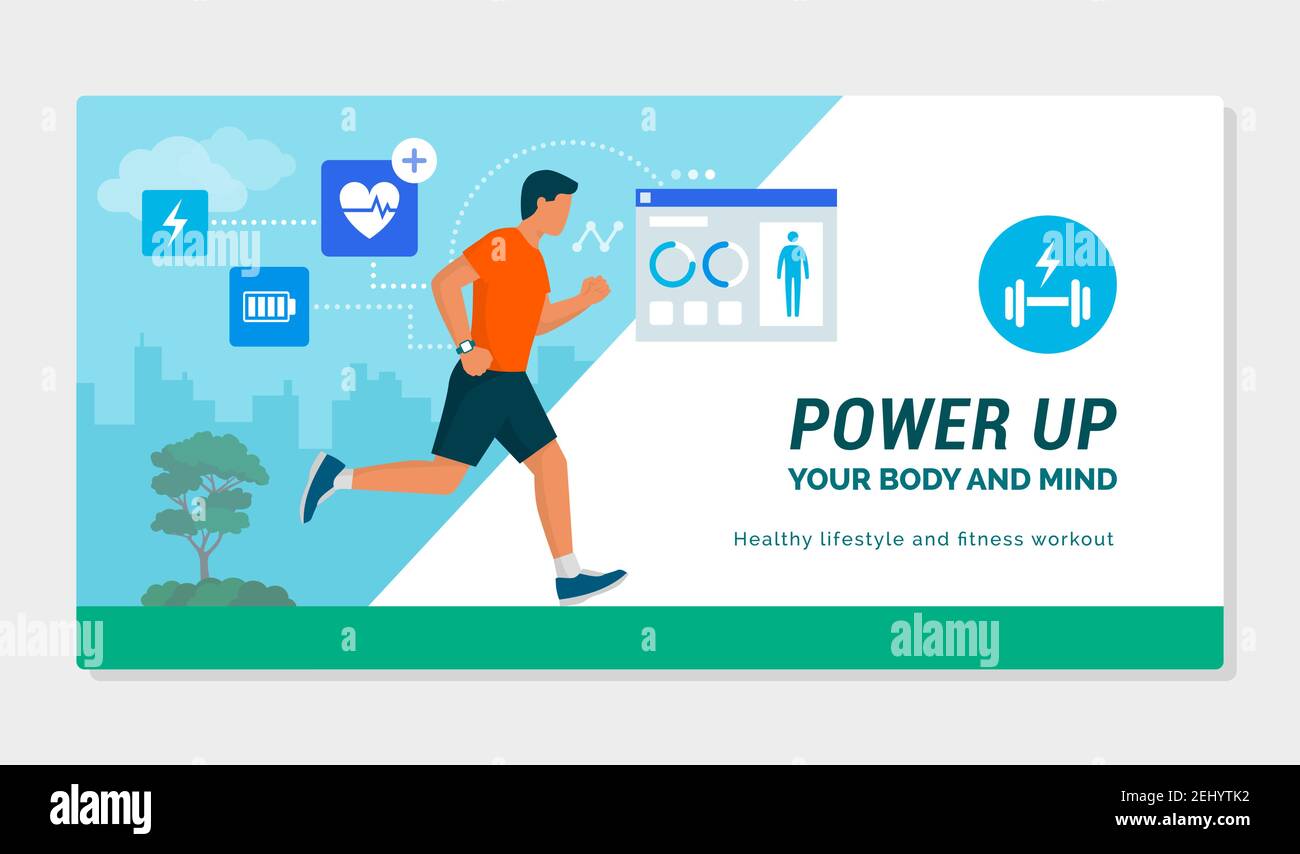 Uomo che corre all'aperto e utilizza un fitness tracker e un'app fitness: I sensori stanno monitorando il suo allenamento Illustrazione Vettoriale