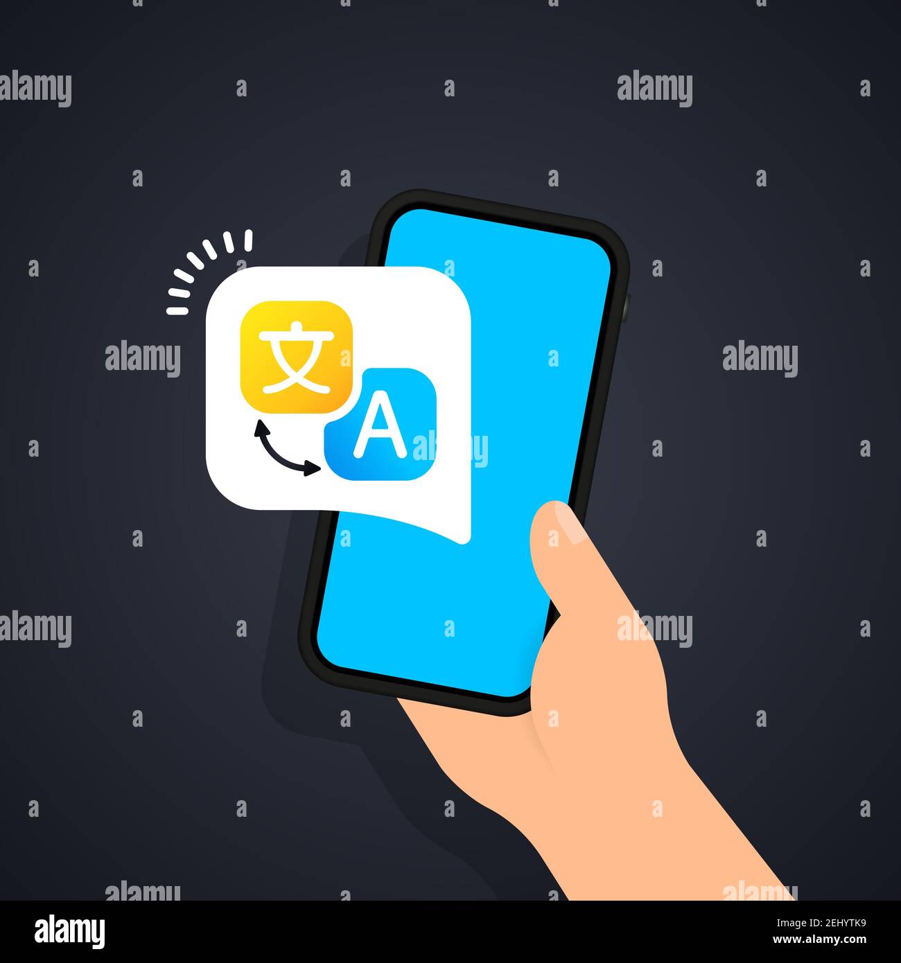 Traduttore online multilingue, illustrazione vettoriale. Smartphone con icona dell'app di traduzione sullo schermo. Traduttore vocale online. E-learning, trasl Illustrazione Vettoriale