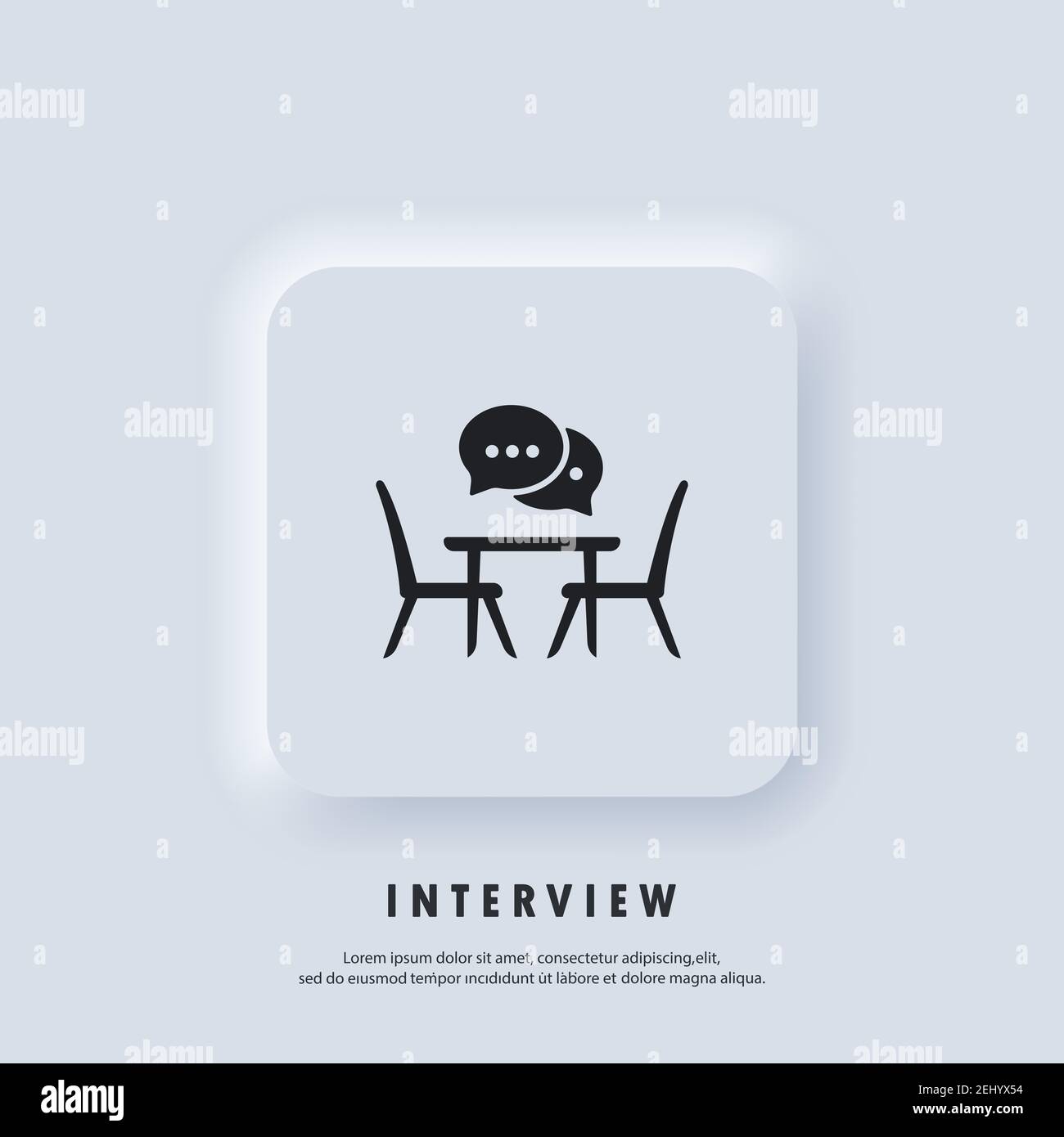Icona Intervista. Sala meeting per conferenze, icona a forma di piano. Concilium Icon, incontro d'affari. Scrivania da ufficio, sedie con bolla vocale. Persone che siedono a. Illustrazione Vettoriale