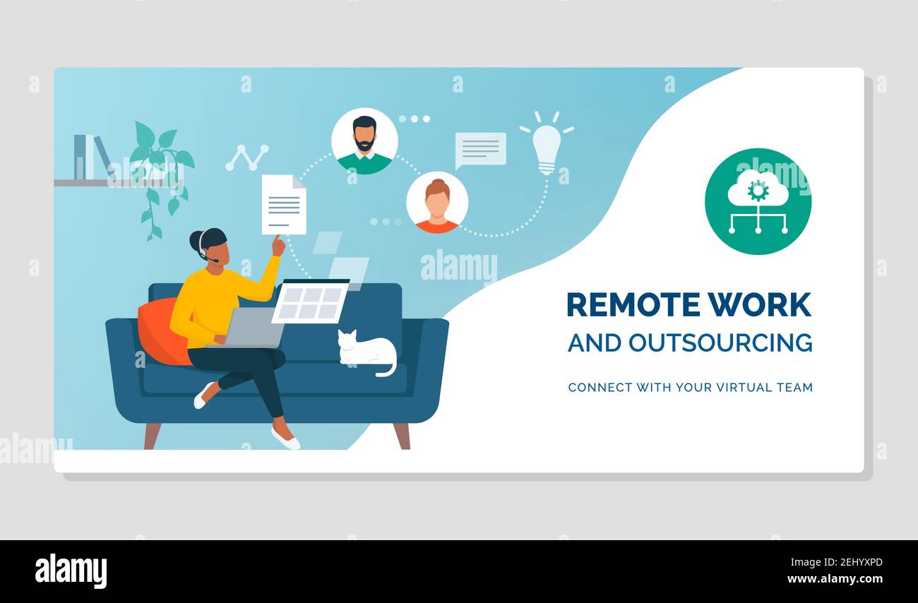 Donna che lavora da casa e si collega al suo laptop, sta videochiamando il suo team virtuale online e condividendo file Illustrazione Vettoriale