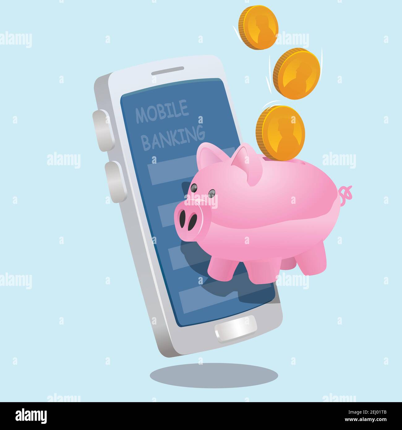 banca di piggy davanti allo schermo dello smartphone di mobile banking. illustrazione vettoriale del sistema di mobile banking. 3d, giocattolo a tre dimensioni in stile cartoon li Illustrazione Vettoriale