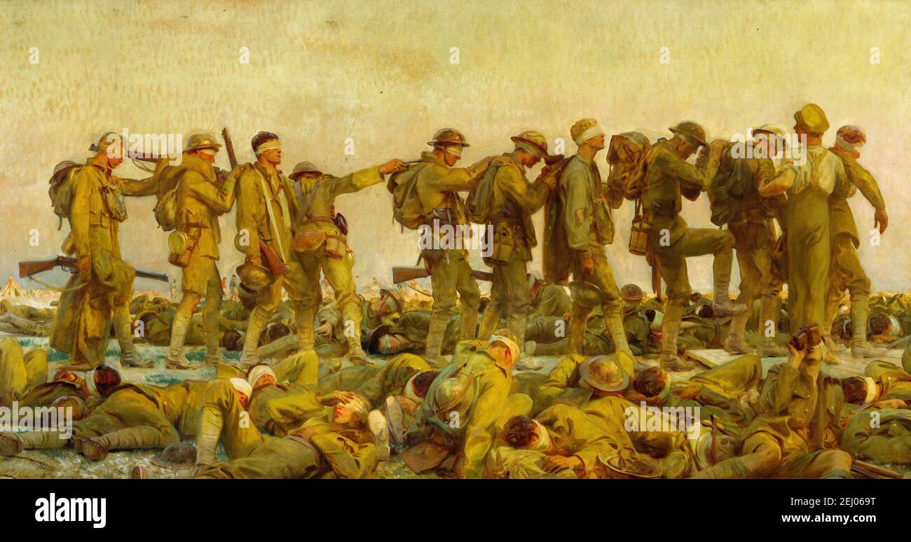 Il dipinto di John Singer Sargent della prima guerra mondiale intitolato Gassed. Il seguito di un attacco di gas con soldati che sono condotti attraverso il campo di battaglia. Foto Stock