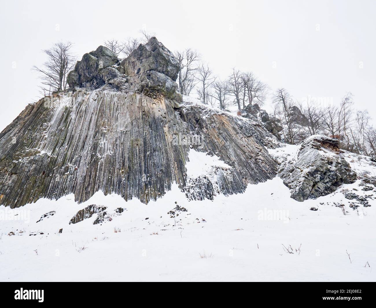 Formazione rocciosa del vulcano Zlaty vrch costruì colonne pentagonali ed esagonali di basalto. Assomiglia a tubi d'organo giganti. Coperto di neve e ghiaccio in inverno Foto Stock