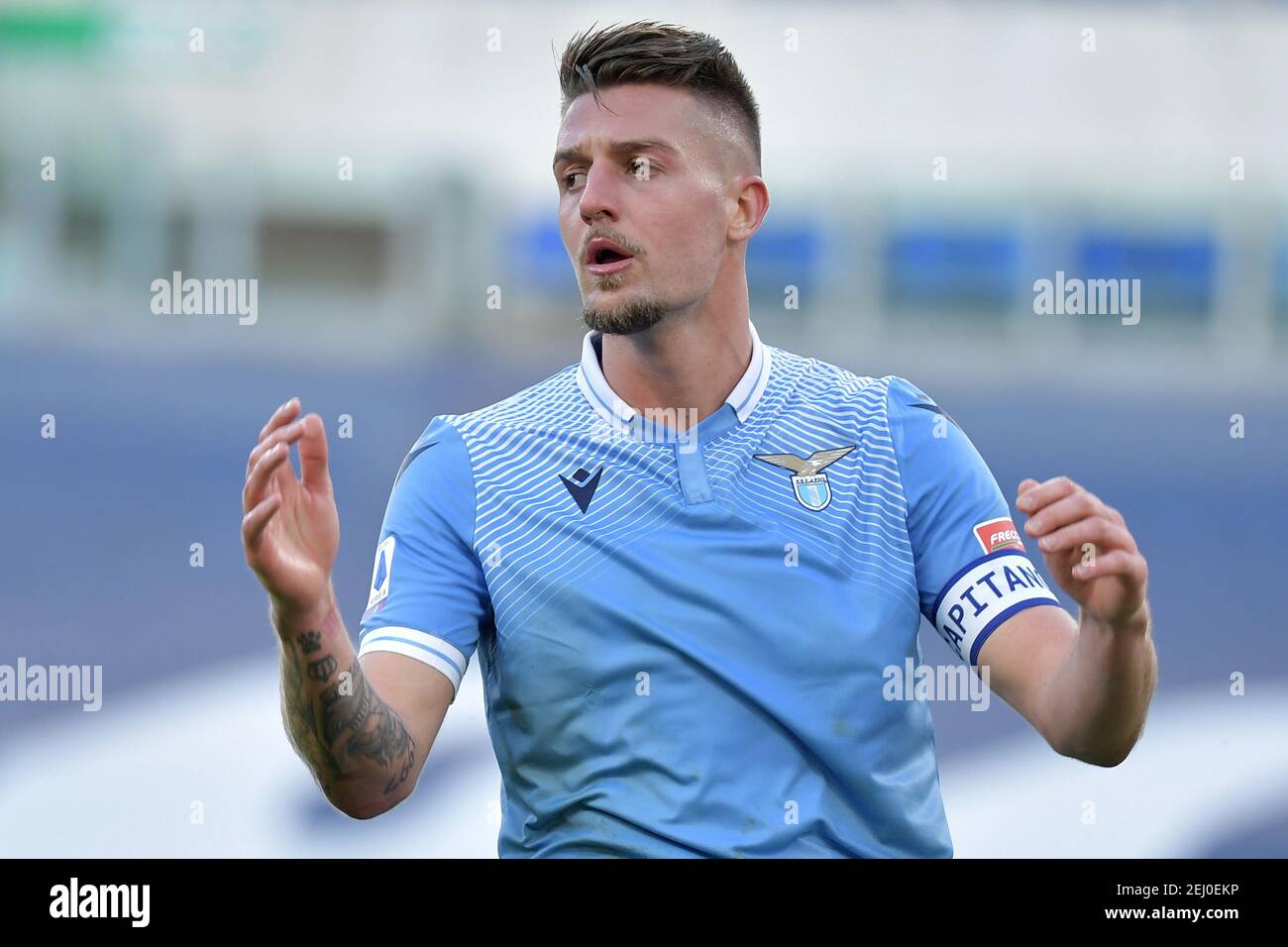 Roma, Italia. 20 Feb 2021. Sergej Milinkovic-Savic della SS Lazio reagiscono durante la Serie UNA partita di calcio tra SS Lazio e UC Sampdoria allo Stadio Olimpico di Roma, 20 febbraio 2021. Photo Antonietta Baldassarre/Insifefoto Credit: Insifefoto srl/Alamy Live News Foto Stock