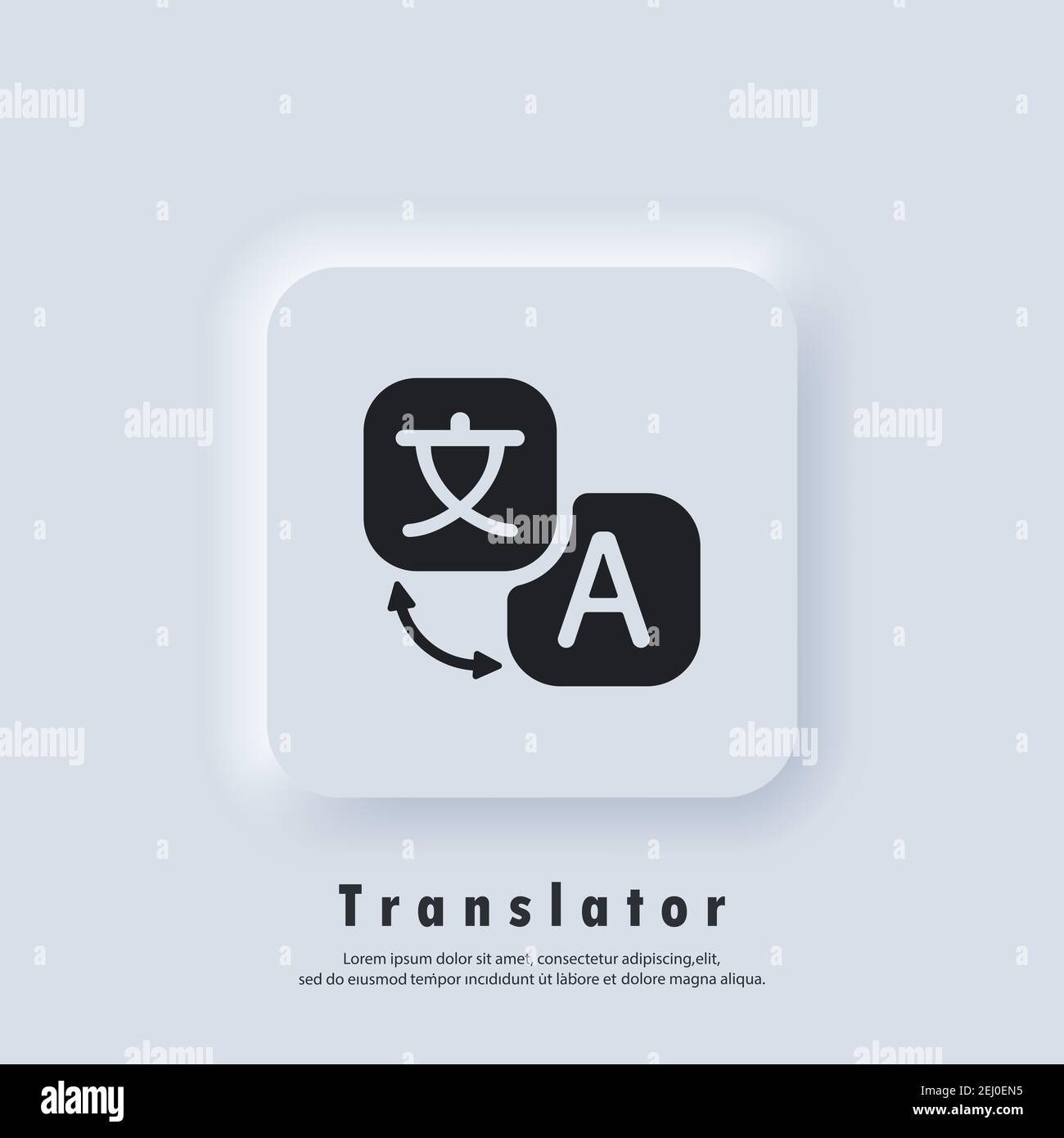 App di traduzione online. Traduci. Icona del convertitore di lingua. Logo del traduttore. Traduttore online. Comunicazione multilingue. Vettore. UI UX neumorfa Illustrazione Vettoriale