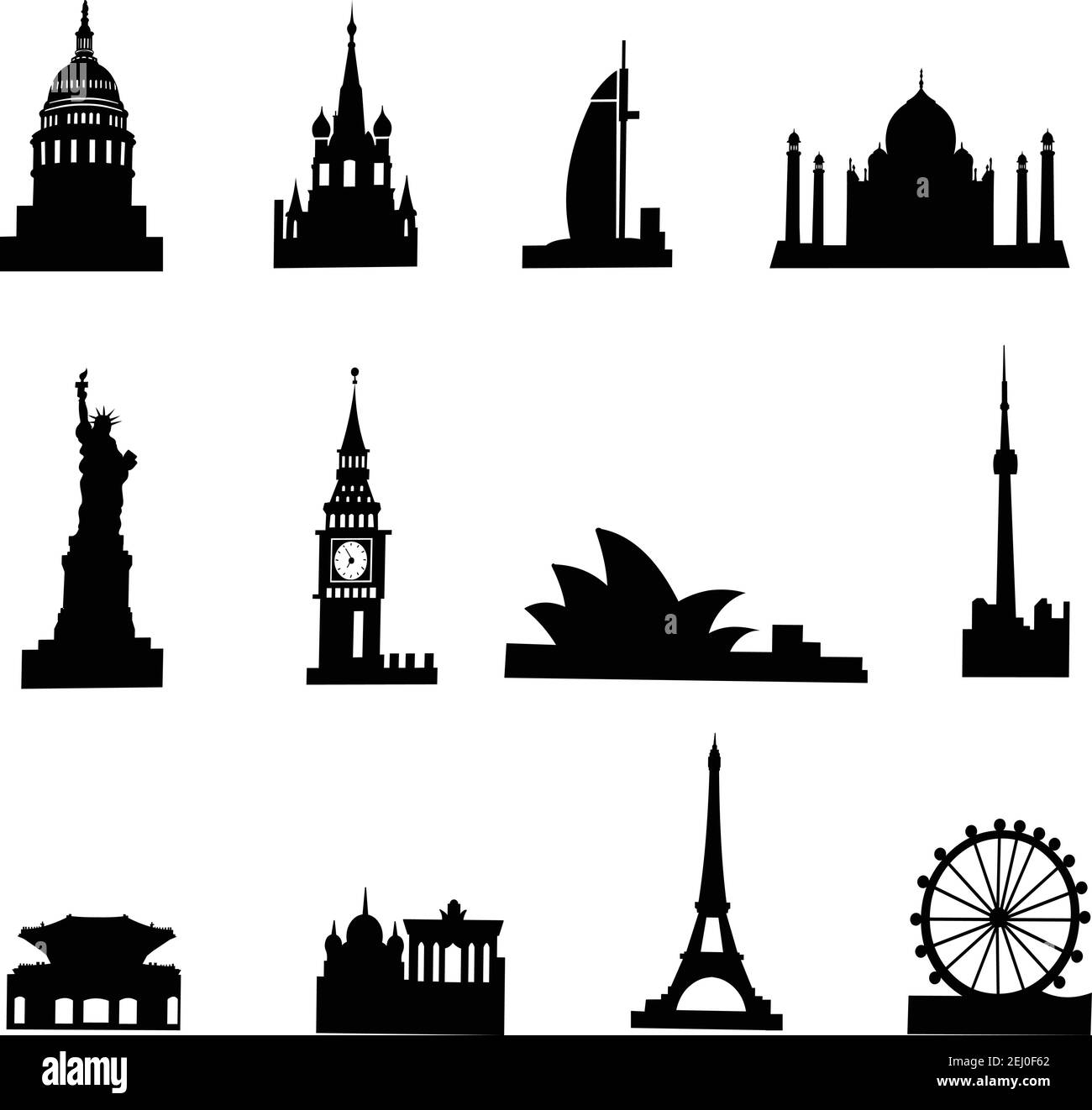 Icone dei luoghi di interesse di viaggio - Silhouette Vector illustrazione stock isolata in sfondo bianco Illustrazione Vettoriale