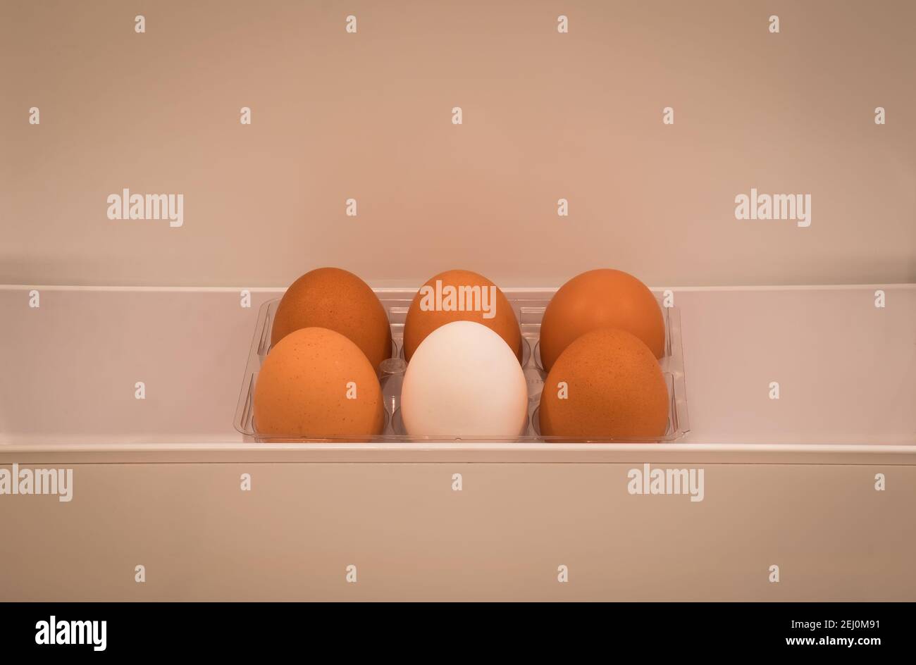Mezza dozzina di uova biologiche 1 bianca e 5 marrone tenuto in una porta del frigorifero Foto Stock