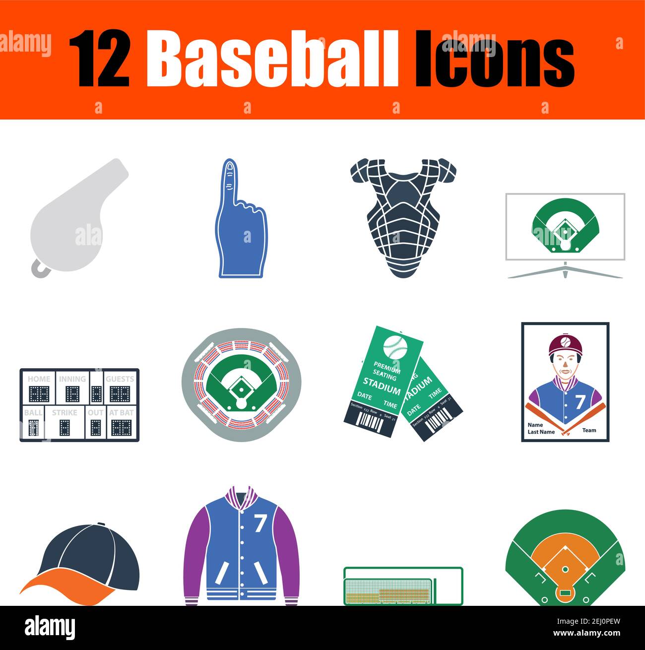 Set di icone di baseball. Design piatto. Illustrazione vettoriale completamente modificabile. Testo espanso. Illustrazione Vettoriale