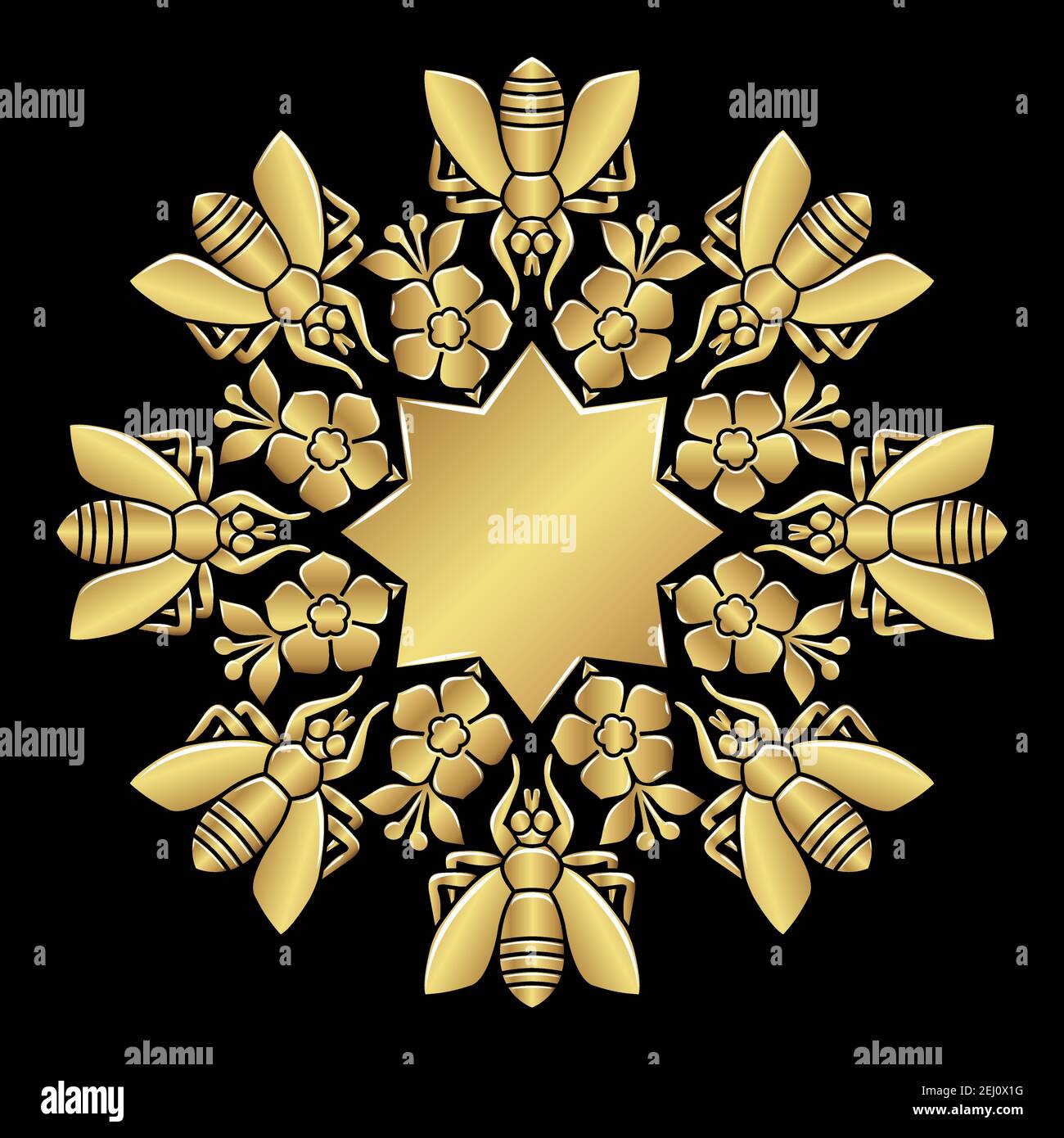 Rosette stile Impero. Stella a otto punte e api con fiori. Illustrazione Vettoriale