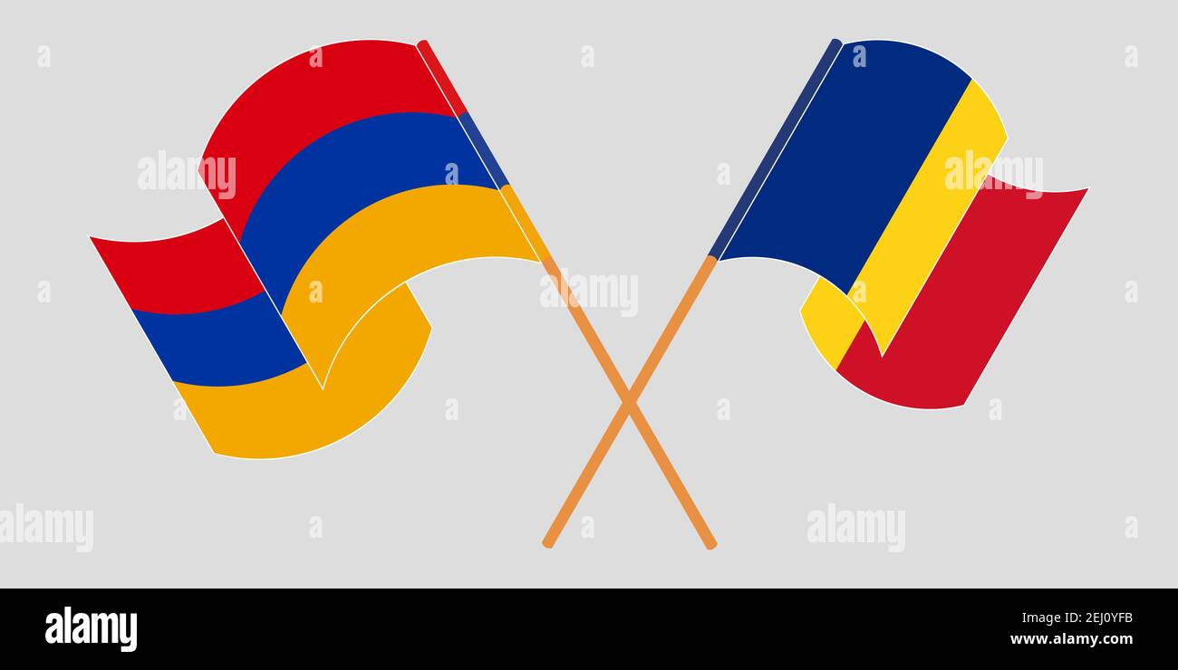 Bandiere incrociate e sventolanti di Armenia e Romania. Illustrazione vettoriale Illustrazione Vettoriale