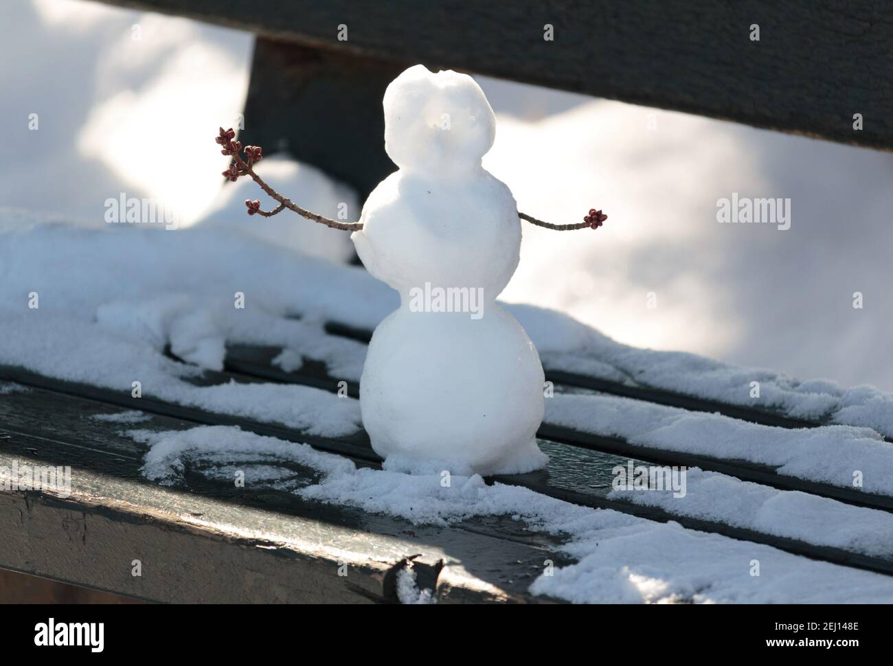 un piccolo pupazzo di neve costruito su una panchina del parco con ramoscelli per armi circondate da neve Foto Stock