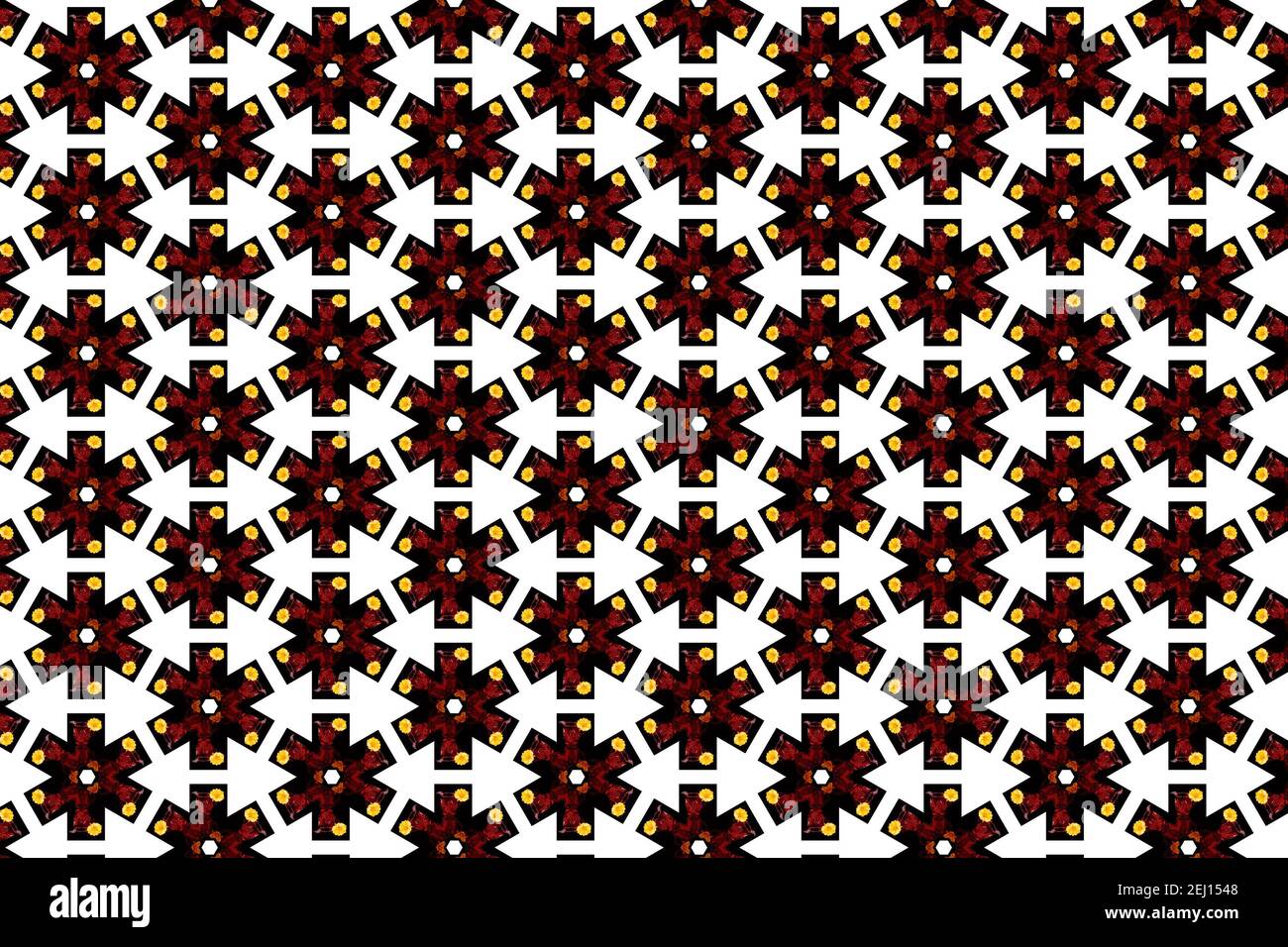 Un motivo a croce con fiori gialli e vaso rosso su sfondo bianco Foto Stock