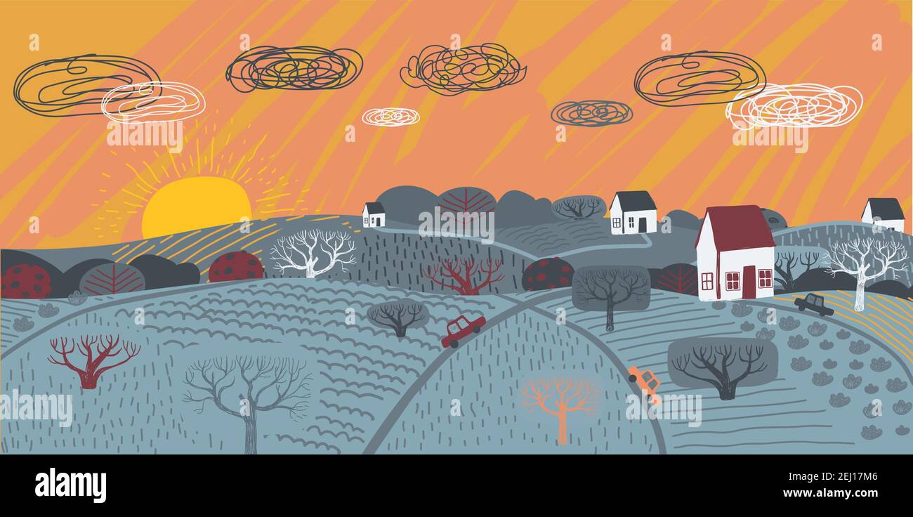 Illustrazione vettoriale del paesaggio con alba, lavoro sul campo, letti da giardino, alberi, villaggio, casa, trattore e natura. Disegno per poster, scheda o. Illustrazione Vettoriale