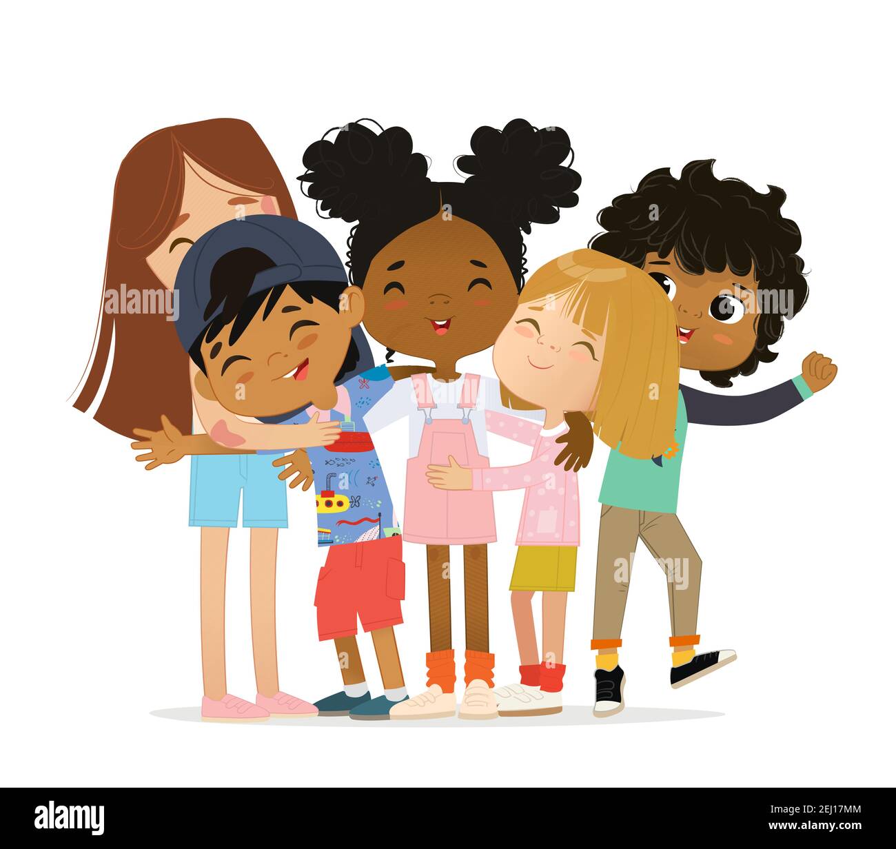 Felici bambini multietnici e multietnici si abbracciano l'un l'altro. Illustrazione Vettoriale