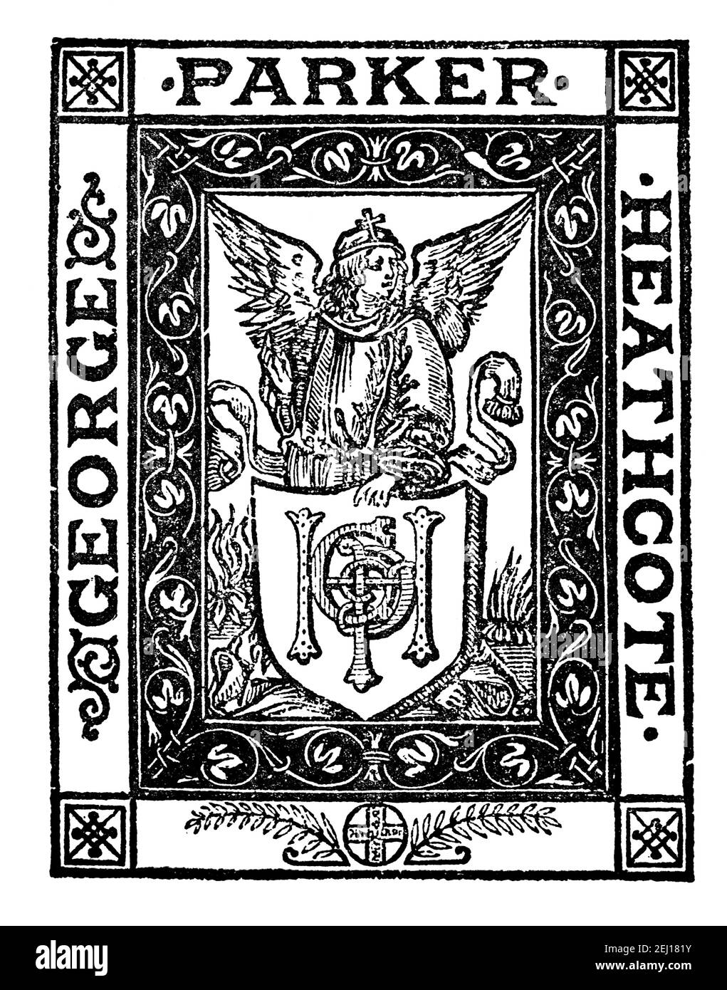 bookplate di George Parker Heathcote, (1828-1871) Capitano nel 52esimo reggimento di piede e figlio di Sir William Heathcote, 5th Baronet, Foto Stock