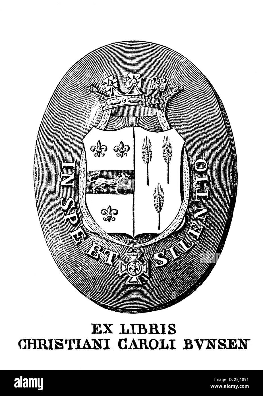 Libro armoriale del XIX secolo, del diplomatico e studioso tedesco Baron Christiani Caroli Bunsen, (Christian Charles Bunsen) 1791-1860) con il latino mott Foto Stock