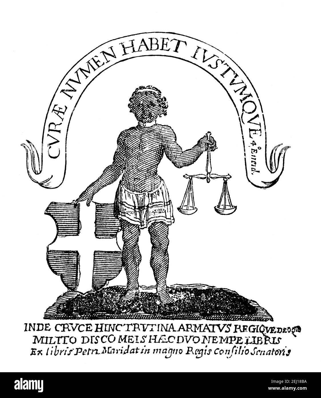 Metà del 1600 bookplate del politico francese Pierre de Maridat (Petri Maridat, Peter Mairdat) (1613-1689) che mostra schiavo che tiene scale di giustizia e shie Foto Stock