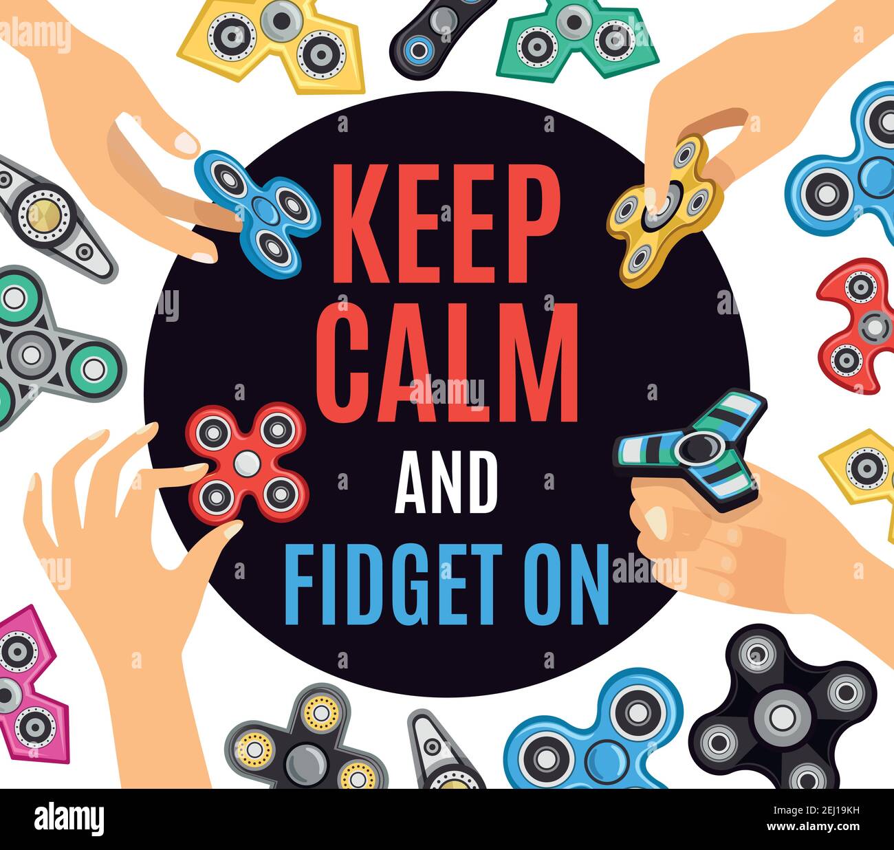Poster pubblicitario con rilievo per lo stress del giradisore con modelli di giocattoli a rotazione sfondo e mantenere la calma scritta centrale illustrazione vettoriale Illustrazione Vettoriale