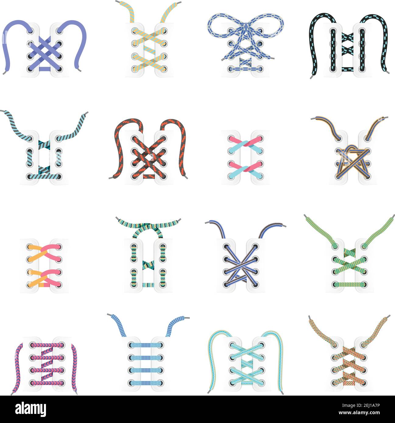 Metodi di allacciatura del pattino 16 icone con barra dritta interna- le versioni out e cryss-cross sono illustrazioni vettoriali isolate Illustrazione Vettoriale