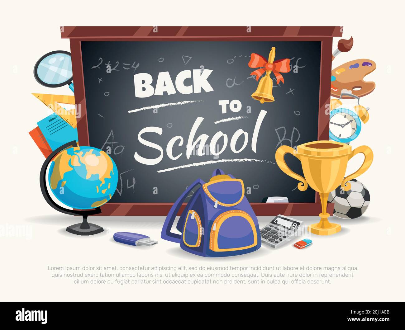 Poster di composizione di ritorno a scuola con classica lavagna nera terrestre calcolatore globo zaino e illustrazione vettore palla di calcio Illustrazione Vettoriale