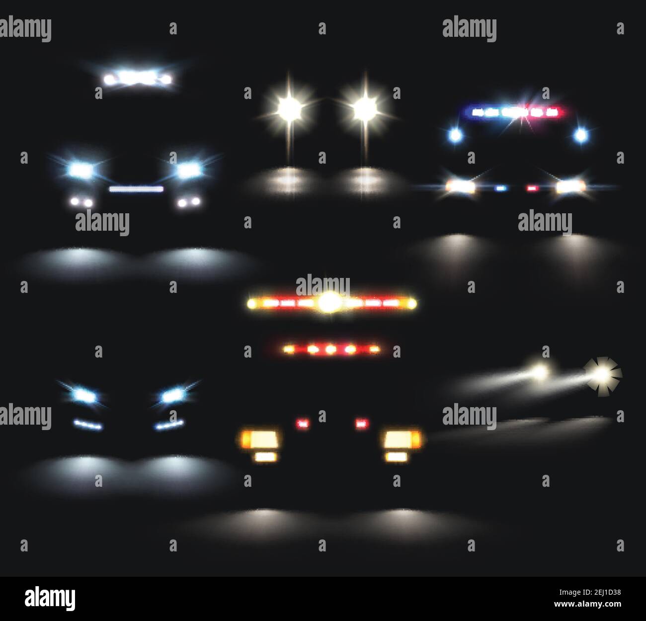 Set di luci per auto con immagini realistiche di fari e barre luminose e composizioni di sagome di auto illustrazione vettoriale Illustrazione Vettoriale