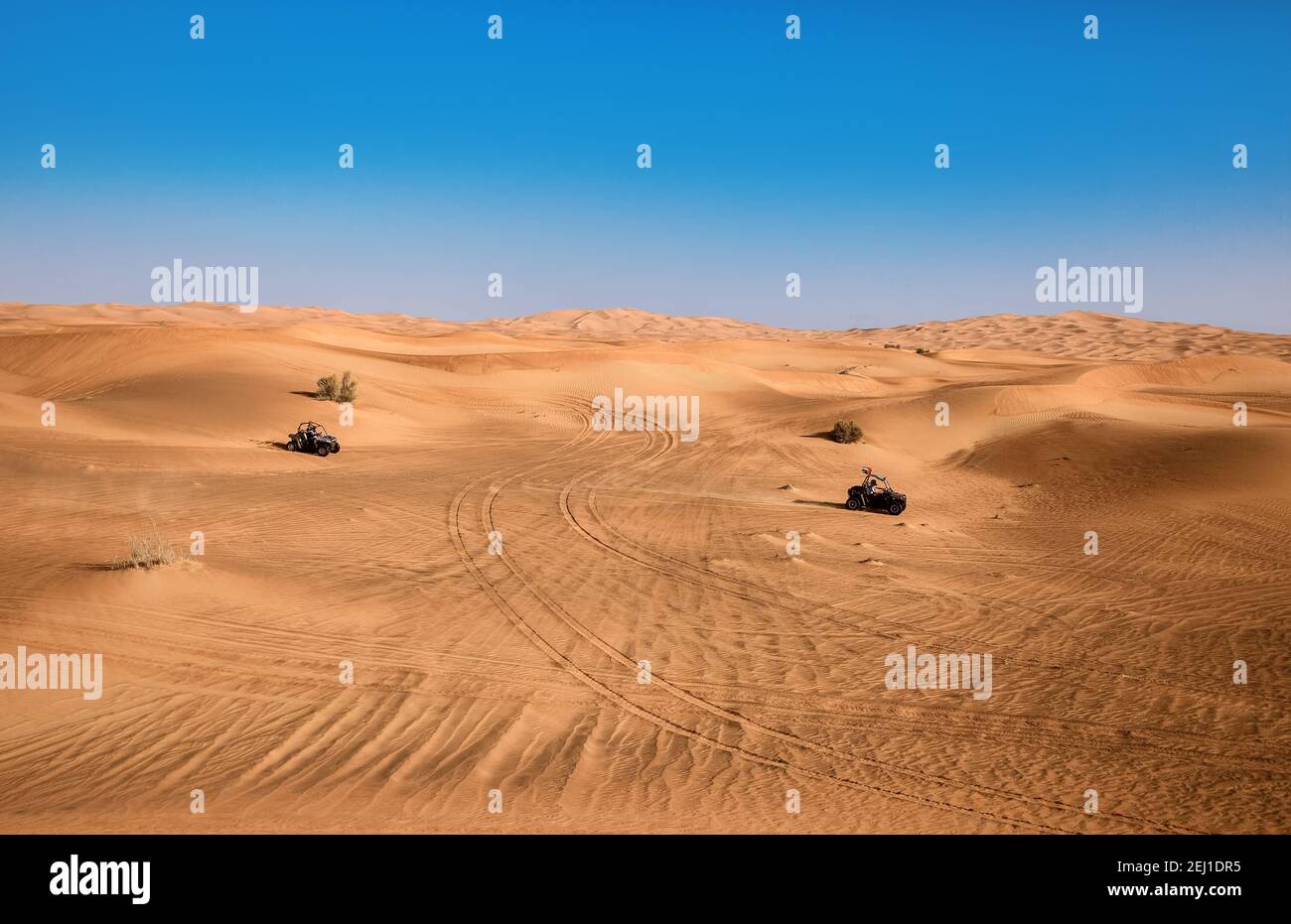 Splendido paesaggio desertico di Dubai con piante e due quad buggy veicoli, sabbia con ruote e cielo blu Foto Stock