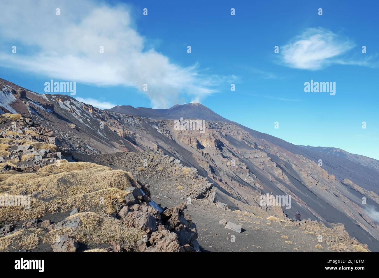 Roccia e cenere vulcanica del pendio Monte Montagnola e attivo Cratere Sud-Est del Vulcano Etna, Sicilia Foto Stock