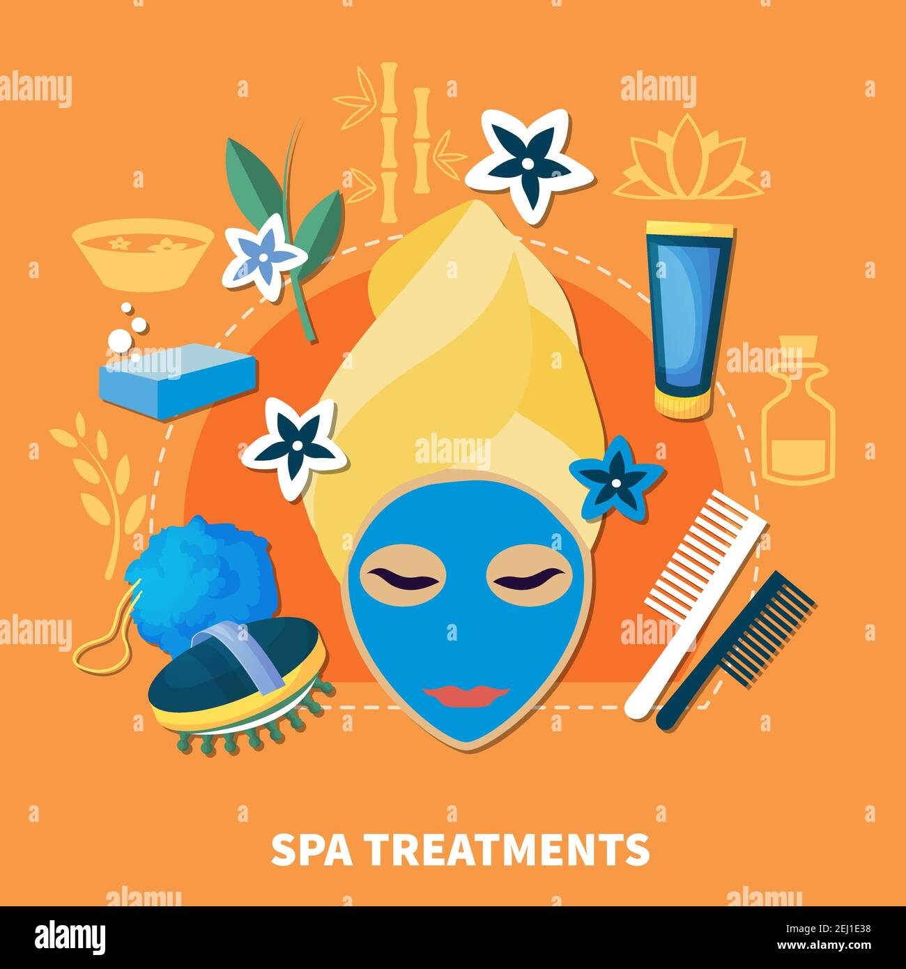 Spa resort popolari trattamenti poster piatto con maschere viso corpo massaggio e bagni di acqua termale calda illustrazione vettoriale Illustrazione Vettoriale