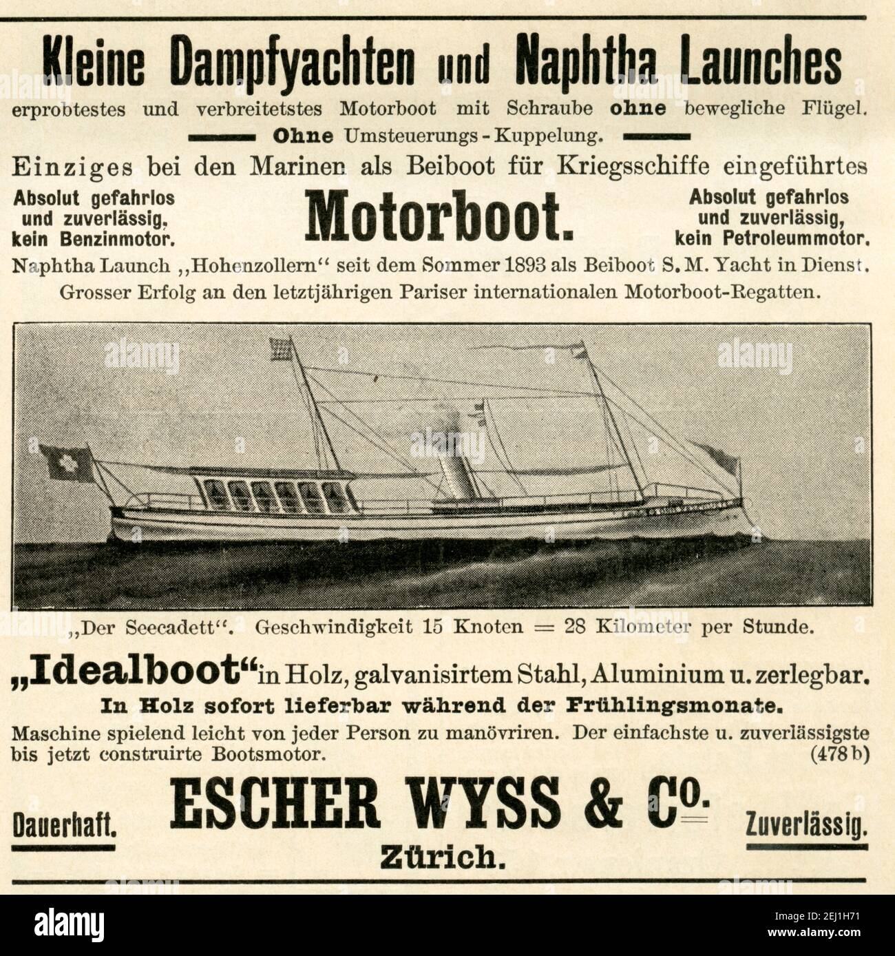 Europa, Schweiz, Zürich, Werbung der Firma ' Escher Wyss & Co ' für ihre Dampfyachten und naphta Launches ( Dampf - Motorboote ), Motiv aus : ' Illucrirte Zeitung ', Nr. 2911 vom 13. Aprile 1899, Namensrechte der Werbung werden nicht vertreten. / Europe, Switzerland, Zürich, pubblicità della società 'Escher Wyss & Co.' per yacht a vapore e nafta Launches (barche a vapore) , immagine di : ' Illucrirte Zeitung ', n° 2911, 13. 04. 1899, non vi sono diritti sul nome di questa pubblicità . Foto Stock